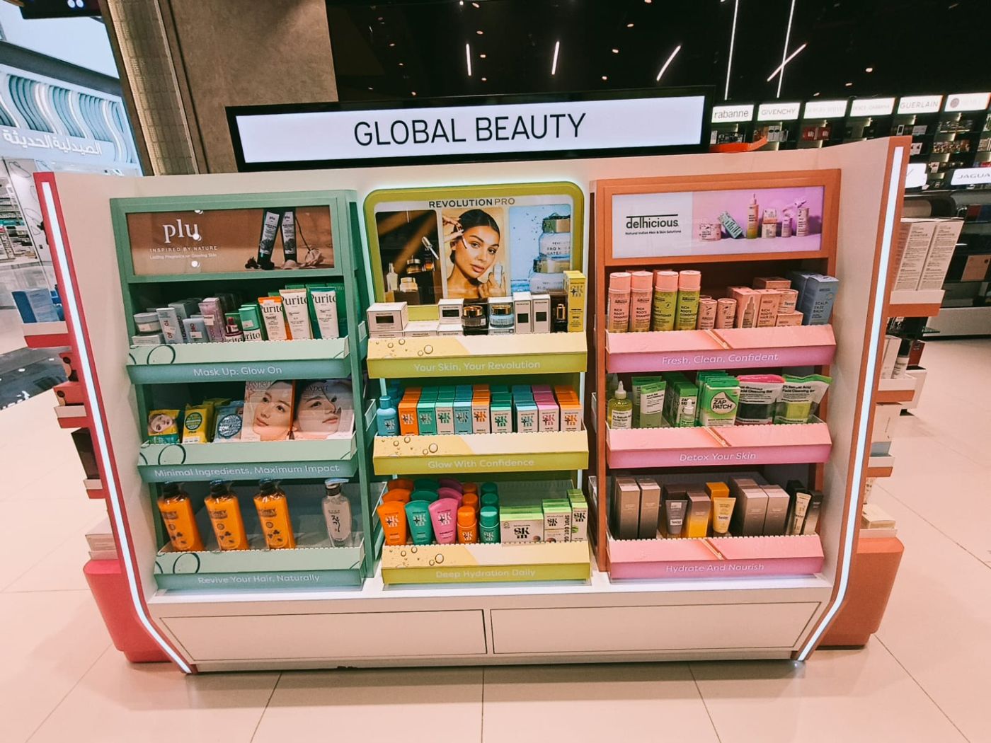 Global Beauty gondola display in a Dubai store