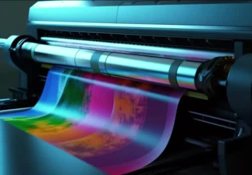 Wide format UV printer producing a colourful print